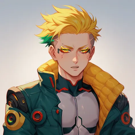 A boy, colored hair, green hair streak, yellow hair streak, red hair streak, yellow hair streak, colored cybernetic eyes, cyberpunk style, long hair, skinny, twink, pale, hikikomori, lonely boy, a single guy, closed jacket, fully dressed, man, one man, alo...