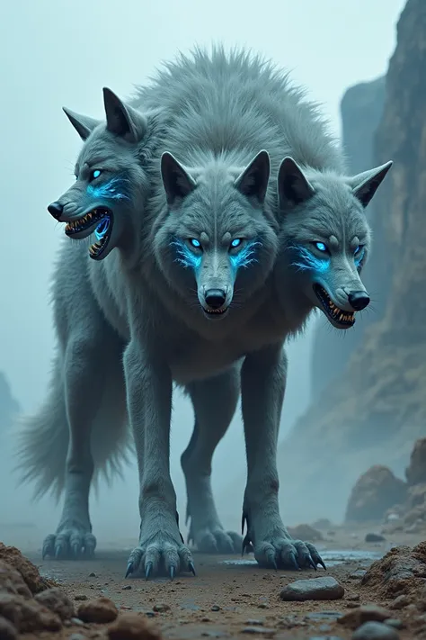 Wolf -Cerberus Hybrid: A wolf with three heads and glowing blue eyes