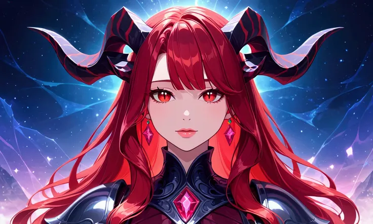 (masterpiece), best quality, expressive eyes, perfect face, horns, red hair, slit eyes, multicolored eyes, ethereal, fantasy, dreamlike, landscape, Intricate Surface Detail, Crystalcore, Crystals, Bejeweled, ethereal latex++++ dress, fantasy armor,(abstrac...