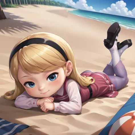 score_9, score_8_up, score_7_up, source_anime, 1girl, full body, solo, penny peterson, long hair, blue eyes, freckles, blonde hair, skirt, hairband, black hairband, white socks, dress, pink dress, purple pantyhose, long sleeves, mary janes, black mary jane...