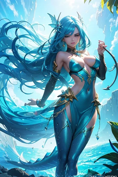 A slim young tropical mermaid knight, she has extremely long wavy lush hair, teal eyes and tanned skin, stirped skin, glossy scales, she wears sea shell inspired jewellry and armor, she has glossy cyan and blue striped tail, she is swimming at clear tropic...