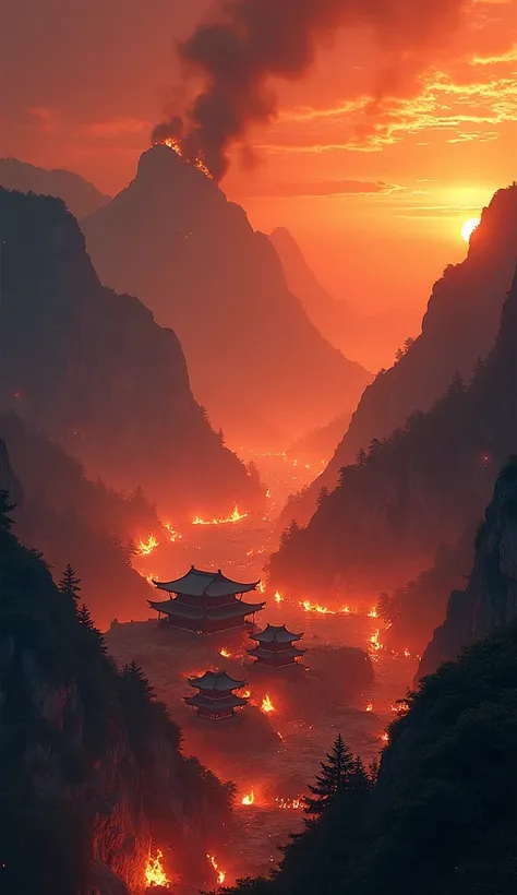 /imagine prompt: A medieval Japanese village engulfed in flames, nestled within a deep valley between towering, rugged mountains. Smoke rises in thick, dark plumes, contrasting against the vivid orange and red glow of the fire. The surrounding mountains ar...