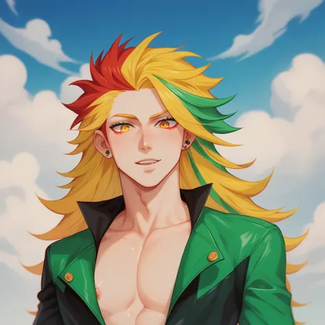 A boy, colored hair, green hair streak, yellow hair streak, red hair streak, yellow hair streak, colored cybernetic eyes, long hair, skinny, twink, pale, hikikomori, lonely boy, a single guy, closed jacket, fully dressed, man, one man, alone man, effeminat...