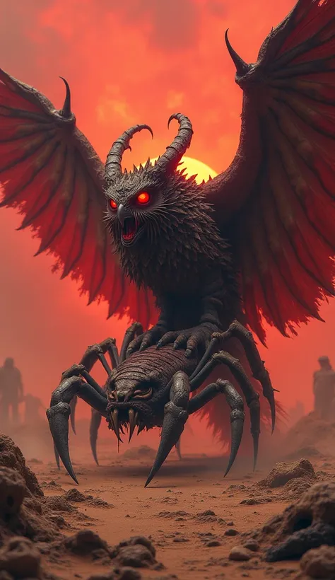 Owl-Scorpion Hybrid Monster, a desolate desert under an ominous blood-red sky, the creature’s grotesque form merges the body of a massive owl with jagged, chitinous armor, its wings covered in sharp, bony protrusions, its head crowned with twisted horns an...