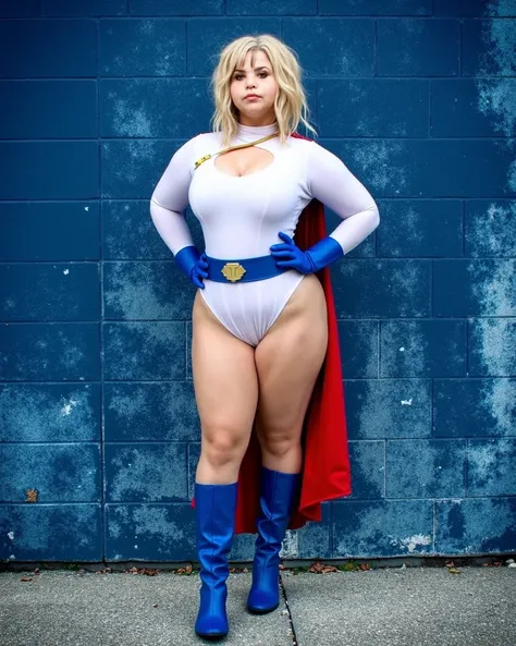 Chubby woman wearing a white bodysuit, red cape, blue gloves and boots,  black hair 