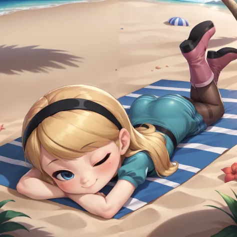 score_9, score_8_up, score_7_up, source_anime, 1girl, full body, solo, penny peterson, long hair, blue eyes, freckles, blonde hair, skirt, hairband, black hairband, teal dress, teal and purple stripey pantyhose, sleevless, pink boots, straight-on, lying, o...