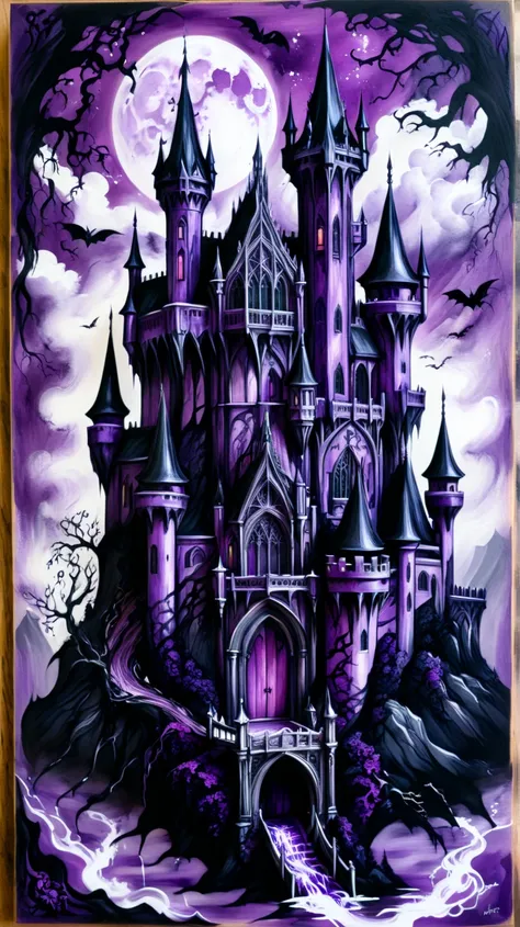 Ink and acrylic paint illustration on wood. In the midst of a fantasy realm with gothic castle and dragon, a mysterious vampire. purple and black. gothic aesthetic. seductive.