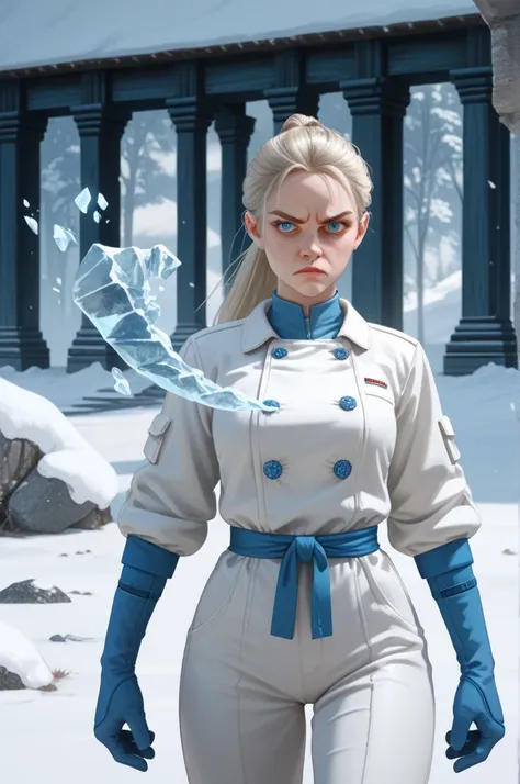 white woman in her 40’s, wrinkles, long platinum blonde hair, tight ponytail, thin face, arctic blue eyes, tall, thin build, white jumpsuit, dainty sky blue gloves, using ice magic with hands, serious look, standing in snowy plains, fighting stance