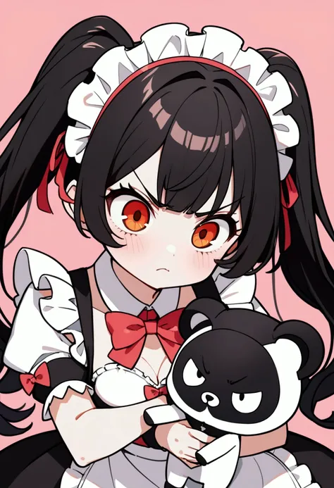 1 Girl, cute, big eyes, amber eyes,hair(long hair,black hair, Inner circle color pink ),( background pink ribbon float ( ,  high resolution, top-quality, top-quality,Second Dimension,twintails, black hair ,HOLDING A WHITE POLAR BEAR DOLL,Wearing maid outfi...