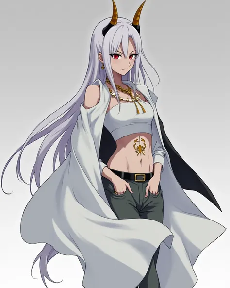 Descrição Resumida do Personagem mulher em Style Anime:**

- **Hair**:  Long and white , up to half the back.
- **Bright**:  Two curved horns emerge from the head .
- **First**: dark gray.
- **clothing**: shirt, tight white pants ;  golden tattoo on the to...