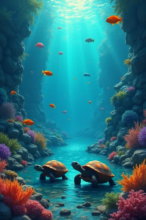 Neeli fish and Kashi tortise arriving at the other side of the lake, surrounded by vibrant aquatic flora, glowing coral, and an array of colorful fish.
