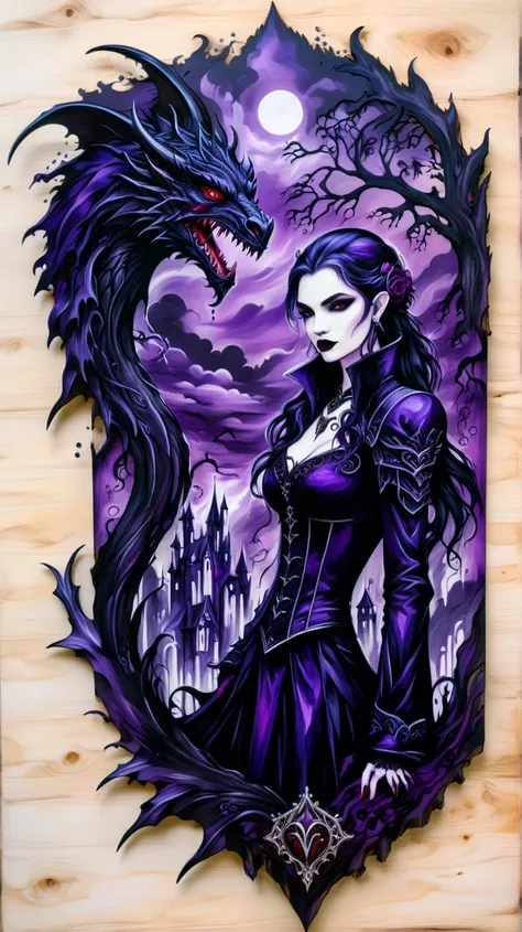 Ink and acrylic paint illustration on wood. In the midst of a fantasy realm with dragon, (a mysterious (vampire)). purple and black. gothic aesthetic. seductive.