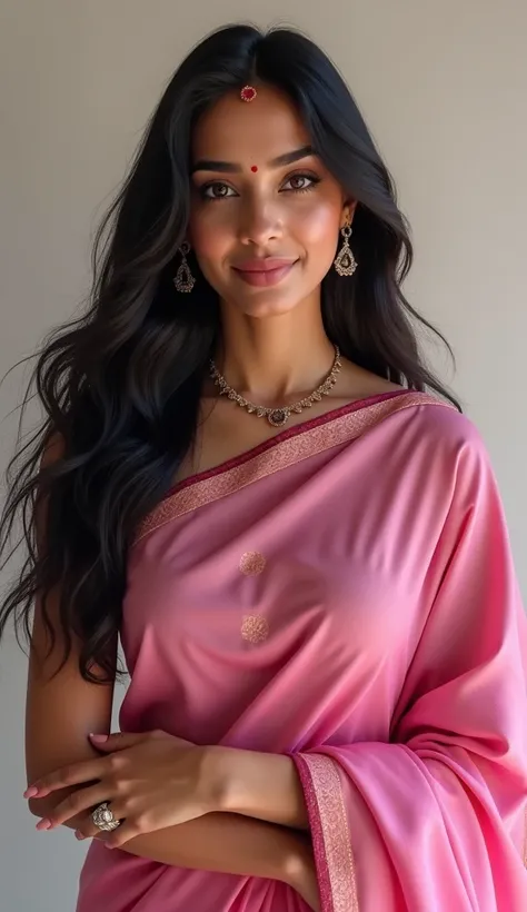 portrait of A confident-looking indian woman princess with long flowing hair, hazel eyes, with pink violets saree, a smile on the face, royal and lusty look, red bindi, standing in a light background, rim light, key light, c-cup breast, perfect composition...