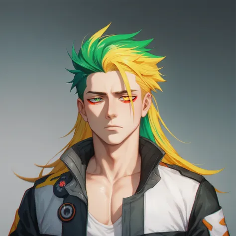 A boy, colored hair, green hair streak, yellow hair streak, red hair streak, yellow hair streak, colored cybernetic eyes, long hair, skinny, pale, hikikomori, lonely boy, a single guy, closed jacket, fully dressed, man, one man, alone man, tired, futuristi...