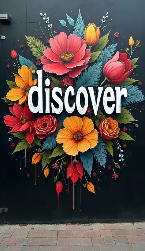 a graffiti writing brtwrite "DISCOVER",karya seni,elegant,red blue yellow green, dark background ,,maha karya