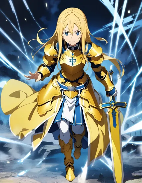 alice, Knight, sword art online, alicization,  golden armor, Espada excalibur,  full body. Looking forward with a challenging smile.