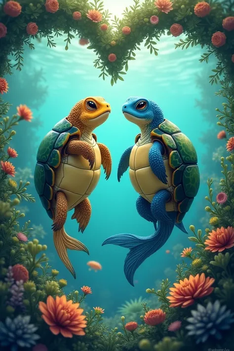 Neeli fish and Kashi tortise  looking at each other with joy and trust, surrounded by a heart-shaped frame of underwater plants, symbolizing their unbreakable bond of friendship.