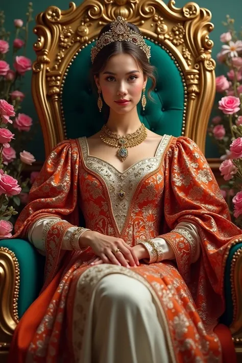 A very rich noblewoman is sitting on a glittering throne with flowers all around her.