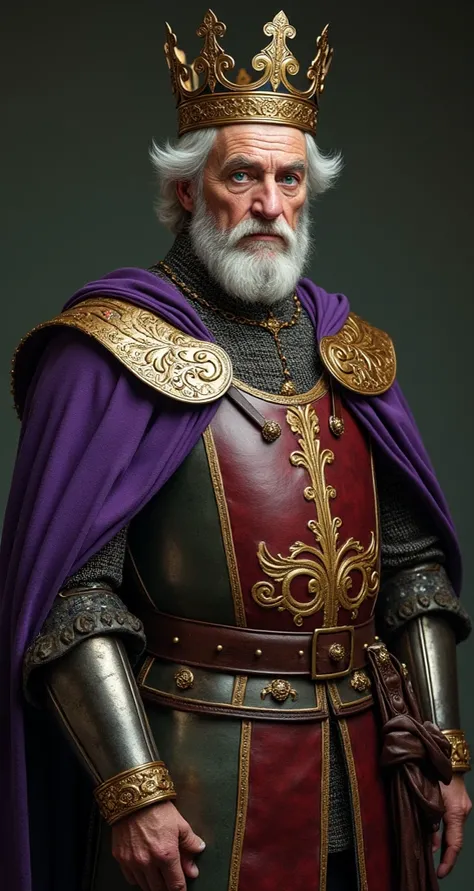 realistic, 1 person, 1 man, Old king with heterochromia  (left eye green, right eye blue)  with Italian iron crown ,  purple royal cape with gold ornaments, armadura de cruzada com cruz brown,  colors of the crusade : brown, gold and green. cruz brown.