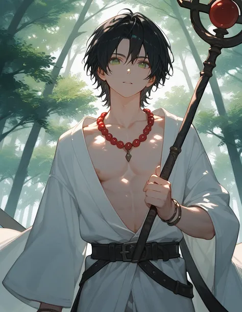 ((close up)), score_9, score_8_up, score_7_up, (solo), 1boy, staff, medium hair, black hair, green eyes, outdoor, white robe,  ((hands)), bracelet, belt, ((pose)), tree, open chest, red beads necklace
