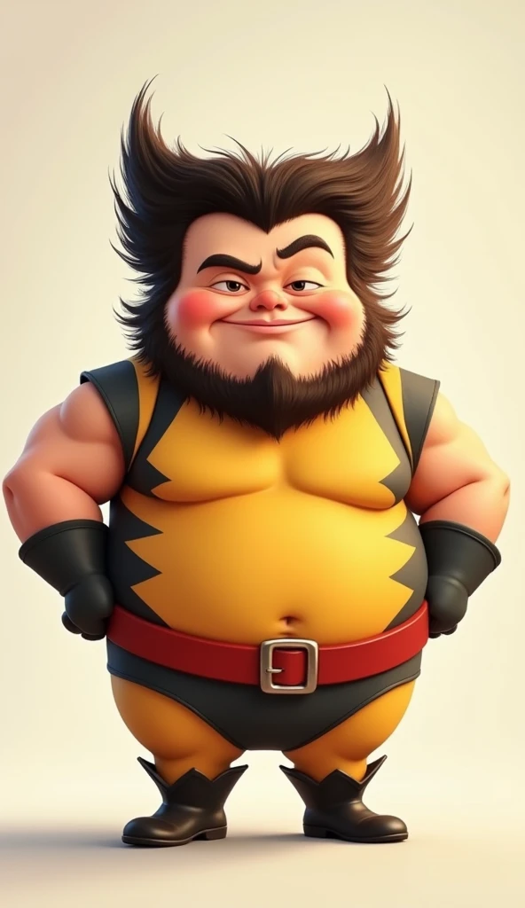 a cute really chubby and fat Pixar style little human wolverine, he is standing in the funny pose 