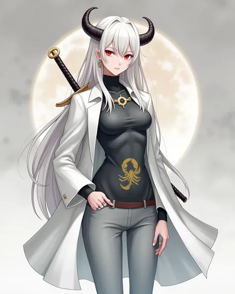 Descrição Resumida do Personagem mulher em Style Anime:**

- **Hair**:  Long and white , up to half the back.
- **Bright**:  Two curved horns emerge from the head .
- **First**: dark gray.
- **clothing**: shirt, tight white pants ;  golden tattoo on the to...