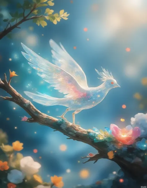 In a surreal, mythological realm, a transparent crystal phoenix descends onto the branch of a jade stone tree. The phoenixs 9-feathered wings shimmer with colorful starry patterns, as if suspended in mid-air. The camera captures a macro shot of this mystic...