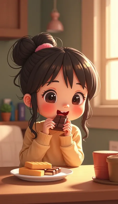 A cute cartoon girl eating chocolate in a room,Fujicolor, 