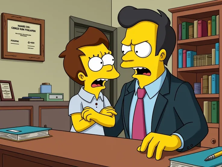 main character scene, a boss fires an employee in his office, cartoon style, the simpson or futurama cartoon drawing style, 2 characters in 1 scene, boss and young hotel employee 