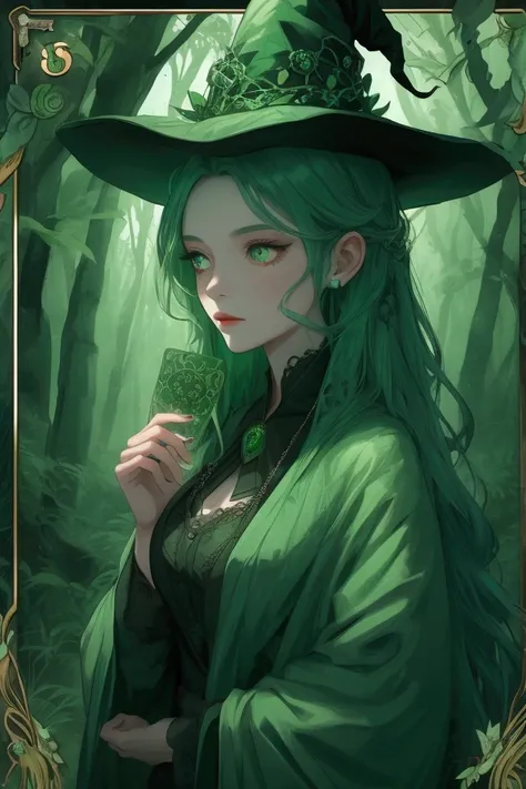 A witch with a beautiful face lived in the forest. amidst nature She was surrounded by wild animals. who is obsessed with you And all around her were fortune telling cards. There was light green magic power surrounding it and magic runes swirling around it...