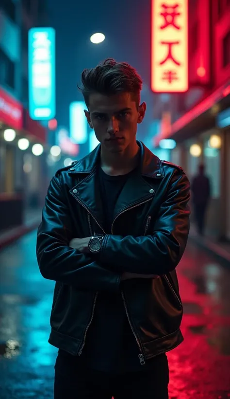 "A dark-themed wallpaper featuring a confident and bold boy with an edgy attitude. The scene takes place in a moody, dramatic urban environment at night. Neon signs glow in the background, their reflections shimmering on wet pavement. The boy, dressed in a...