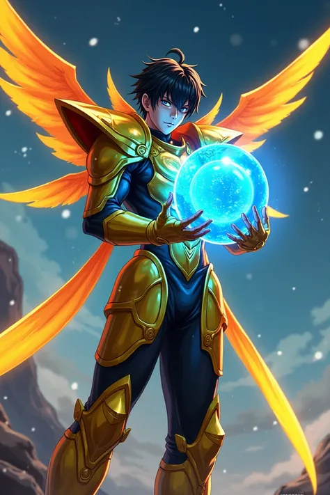 A male, wearing yellow black red armoured costume, holding a big cool blue spherical orb, yellow red ray coming out from his back, anime figure, he is looking at the orb, black hair, detailed picture, anime figure, background space 