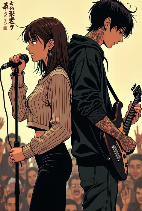 In the style of Junji Ito, Junji ito Manga type image, girl, Girl is the lead singer of a punk band, shes singing into a microphone, passionate, Long sleeve crop top sweater, black leggings,  medium length hair, brown hair, long bangs, boy in a black hoodi...