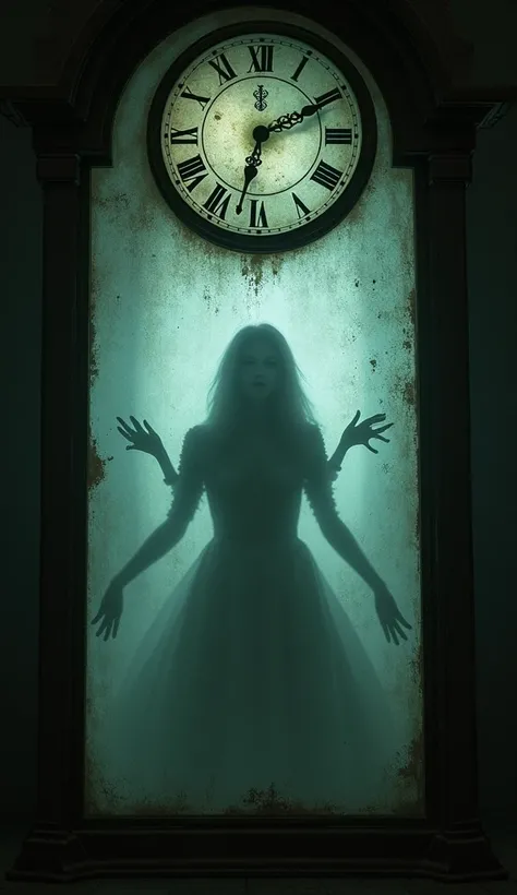 The glass of the old clock reflects the shadowy figure of a woman. Her silhouette is faint but clear, as she seems to speak words of warning. The shadow appears to float inside the clock, making it seem haunted.