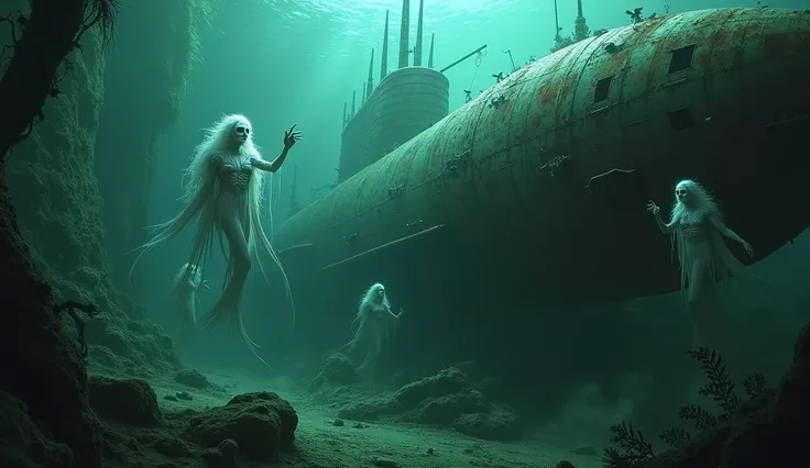 scary sirens with tales swimming around a sunken submarine