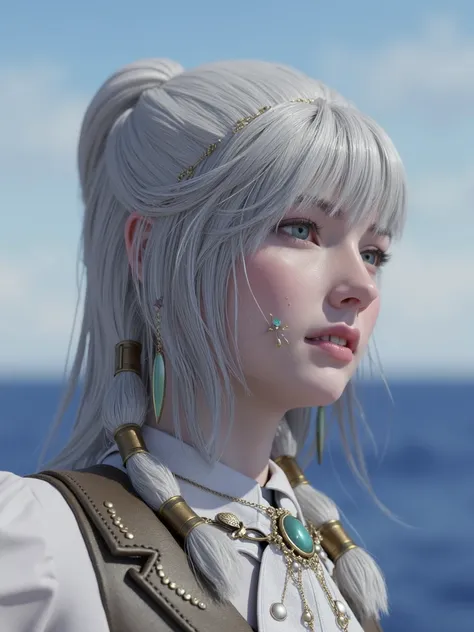 Character: A young woman, a sea captain or perhaps a mystical being with a connection to the ocean, stands on the deck of her ship, gazing towards the horizon with a serene and hopeful expression.
Appearance:
Hair: Long, straight, silvery-white hair, metic...