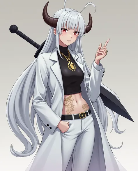 Descrição Resumida do Personagem mulher em Style Anime:**

- **Hair**:  Long and white , up to half the back.
- **Bright**:  Two curved horns emerge from the head .
- **First**: dark gray.
- **clothing**: shirt, tight white pants ;  golden tattoo on the to...