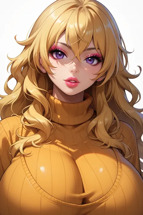 
score_9, score_8_up, score_7_up, 1girl,solo, upper body,looking at viewer, white background, wavy blonde hair, makeup , parted lips, lipstick, eyeliner, bimbo, gyaru woman, gigantic breasts, sweater, close-up, yang_xiao_long, purple eyes, 