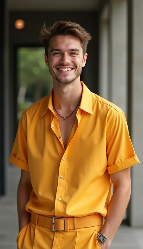  The smiling young man appears enthusiastically in front of the camera, highlighting his natural character and his special attractiveness . He wears a modern shirt in an attractive color, with pants that match his elegant look. .  with a wide smile that re...