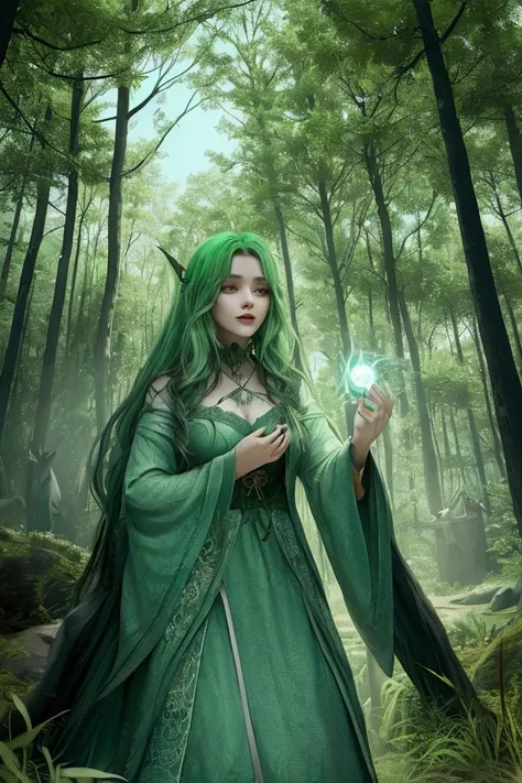 A witch with a beautiful face lived in the forest. amidst nature She was surrounded by wild animals. who is obsessed with you And all around her were fortune telling cards. There was light green magic power surrounding him and magic runes floating around.