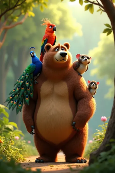  A bear with a cockatoo on its shoulder on its side a peacock with an owl and a possum on its back, Disney Pixar style