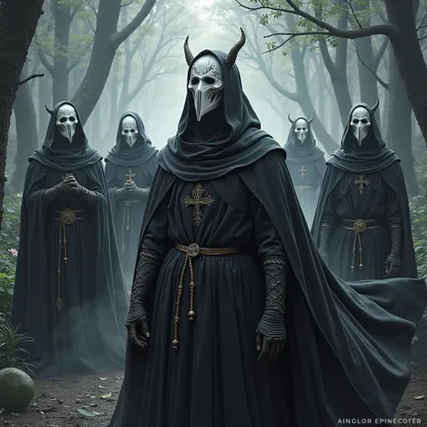  Create a dark fantasy , with 4 wizards , black tunic,  white masks ,  unique mask style , darksouls,  elden ring with subtle details on different masks,  archaic medieval clothing ,  evil wizards ,  dark presence , black aura, dark forest,  dark filter , ...