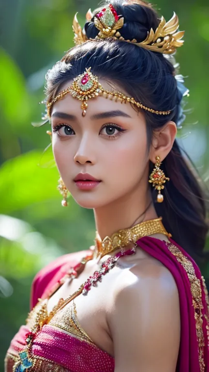 create a hyper realistic photo a beautiful indonesian woman as a hero in dynasty kingdom of majapahit, wearing small gold neklac...