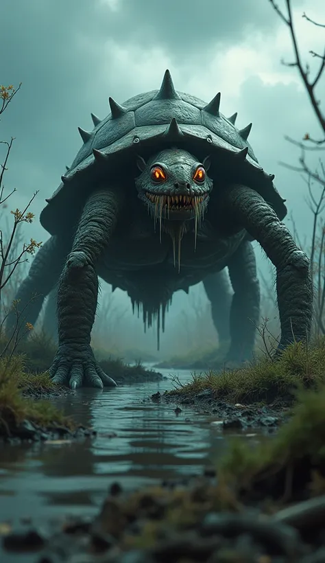 Mite-Turtle Hybrid Monster, a desolate marshland under a cloudy, storm-lit sky, the creature has the broad, armored body of a turtle, its shell warped and covered with jagged spines and pulsating nodules, the head resembles a mite’s grotesque visage, with ...