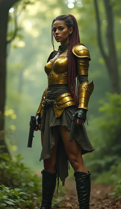 High Resolution, Braid, Multicolored Hair, slim female, tattered gold armor/rivet detail breastplate and skirt, pistol in each hand, forest setting, high heel black ankle boots