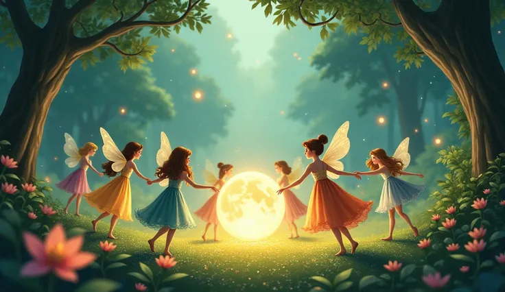 Image Prompt:

"An illustration of a magical clearing filled with tiny, sparkling fairies dancing around a glowing orb that emits soft moonlight. . The fairies have delicate wings and colorful dresses, and the scene is enchanting with flowers and twinkling...