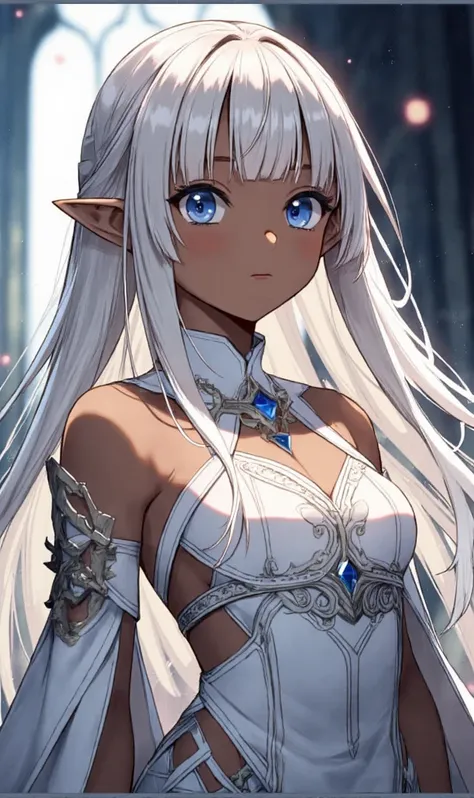 1girl, dark elf with withe skin, hazel eyes, withe hair, shy expression, looking at viewer, anime style,  adventurer clothing,