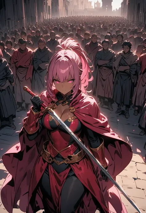 (masterpiece),(best quality),(ultra-detailed),(best illustration),(best shadow),(absurdres),(detailed background) 1 woman, mature female, dark skin, pink hair, ponytail, glowing pink eyes,dressed as a matador, with a cape in one hand and a sword in the oth...