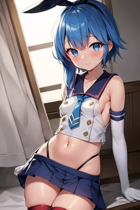 minazuki_kantaicollection, blue_hair, blue_eyes, asymmetrical_hair, short_hair_with_long_locks, blue_necktie, (small breasts), shimacos,crop top,microskirt,thighhighs,elbow gloves, NSFW, (masterpiece), highly detailed, best quality, (high resolution), 8k, ...