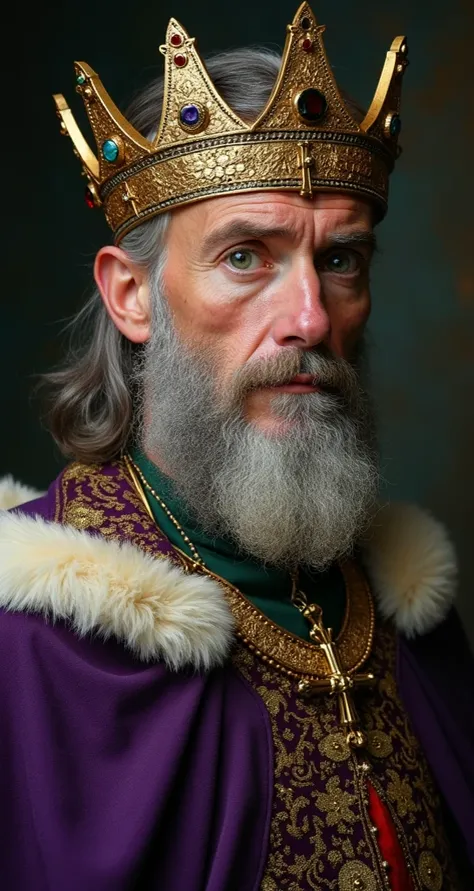 realistic, 1 person, 1 man, Old king with heterochromia  (left eye green, right eye blue) with a iron crown consisting of a circlet of gold and jewels fitted around a central silver band, which tradition held to be made of iron beaten out of a nail of the ...